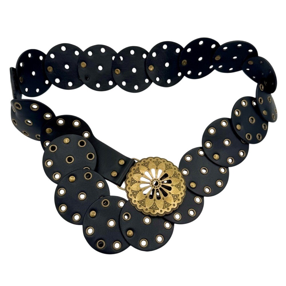 Vintage Y2K Boho Statement Belt Wide Black‎ Leather Disc Brass Medallion Buckle